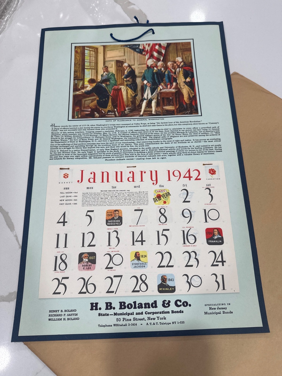 1942 New old stock H.B.Boland & Co Wall calender Oath of Allegiance to GW 1942 New old stock H.B.Boland & Co Wall calender Oath of Allegiance to GW