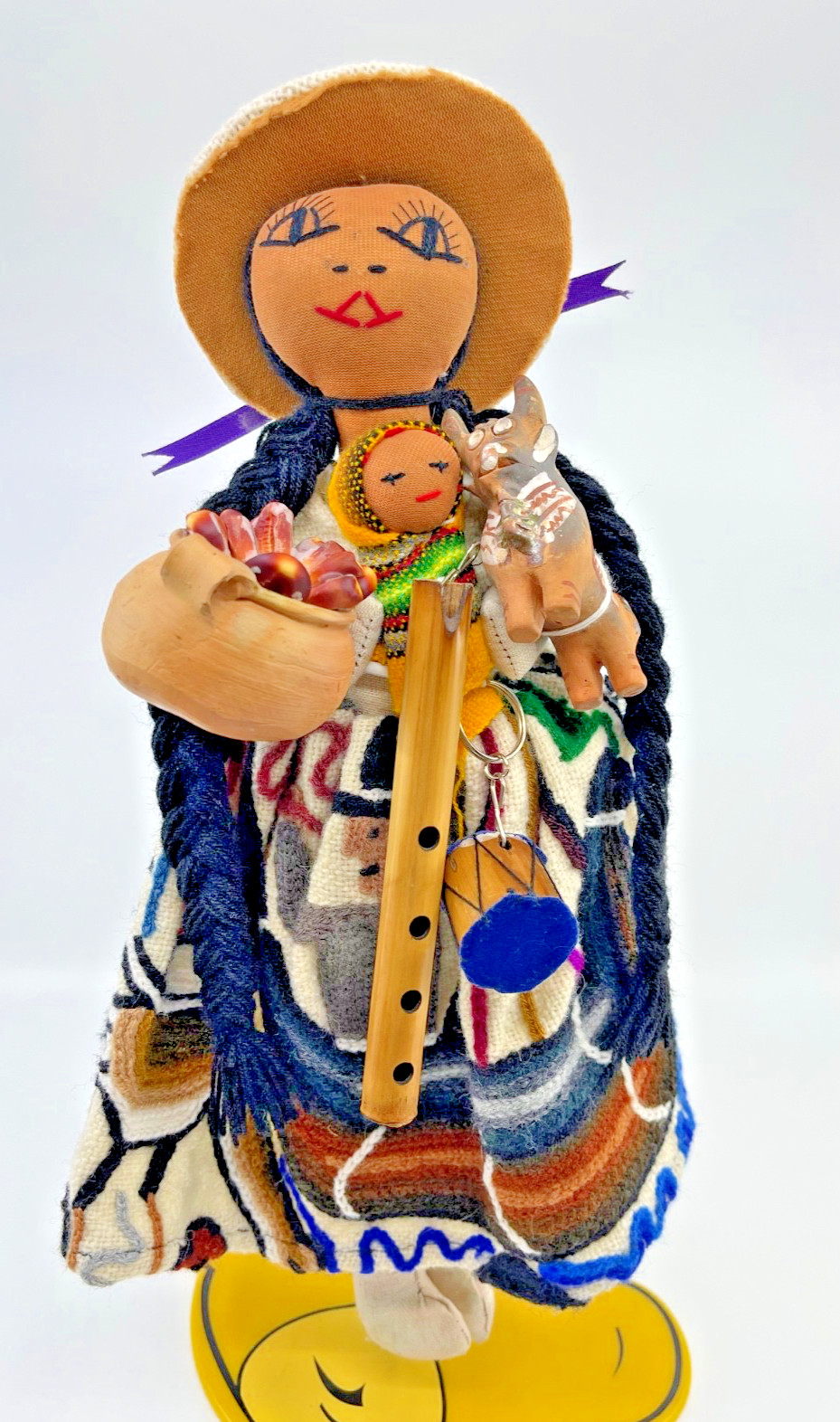 Vintage Peruvian Folk Art Cloth Doll and Pottery Bull pot Handmade 14 Vintage Peruvian Folk Art Cloth Doll and Pottery Bull pot Handmade 14