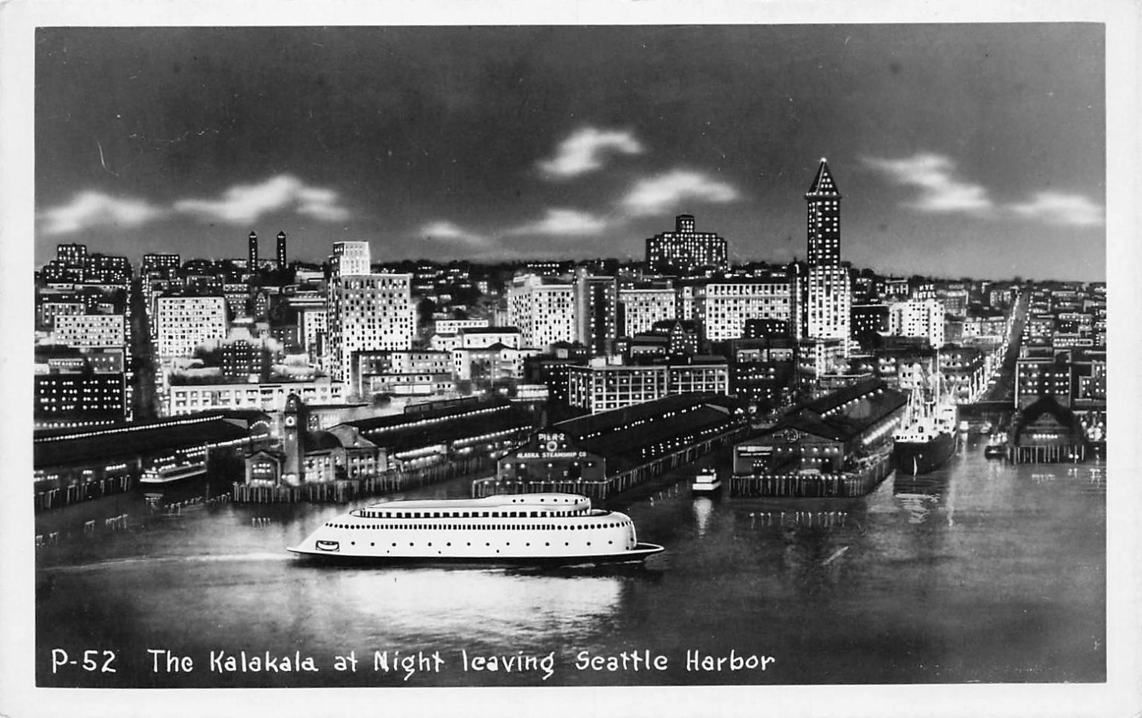 1947 WASHINGTON RPPC POSTCARD: THE KALAKALA AT NIGHT LEAVING SEATTLE HARBOR, WA