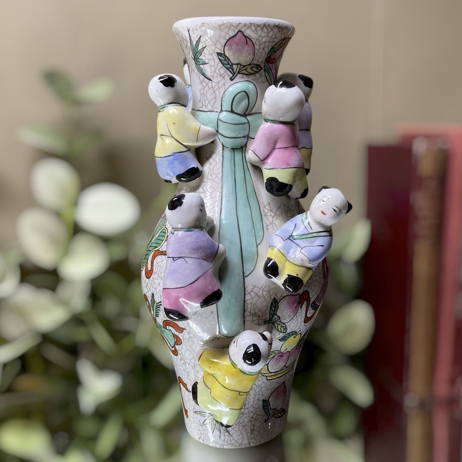 Vintage Chinese Fertility Crackle Vase 7 Boys 9 3/4” Tall
