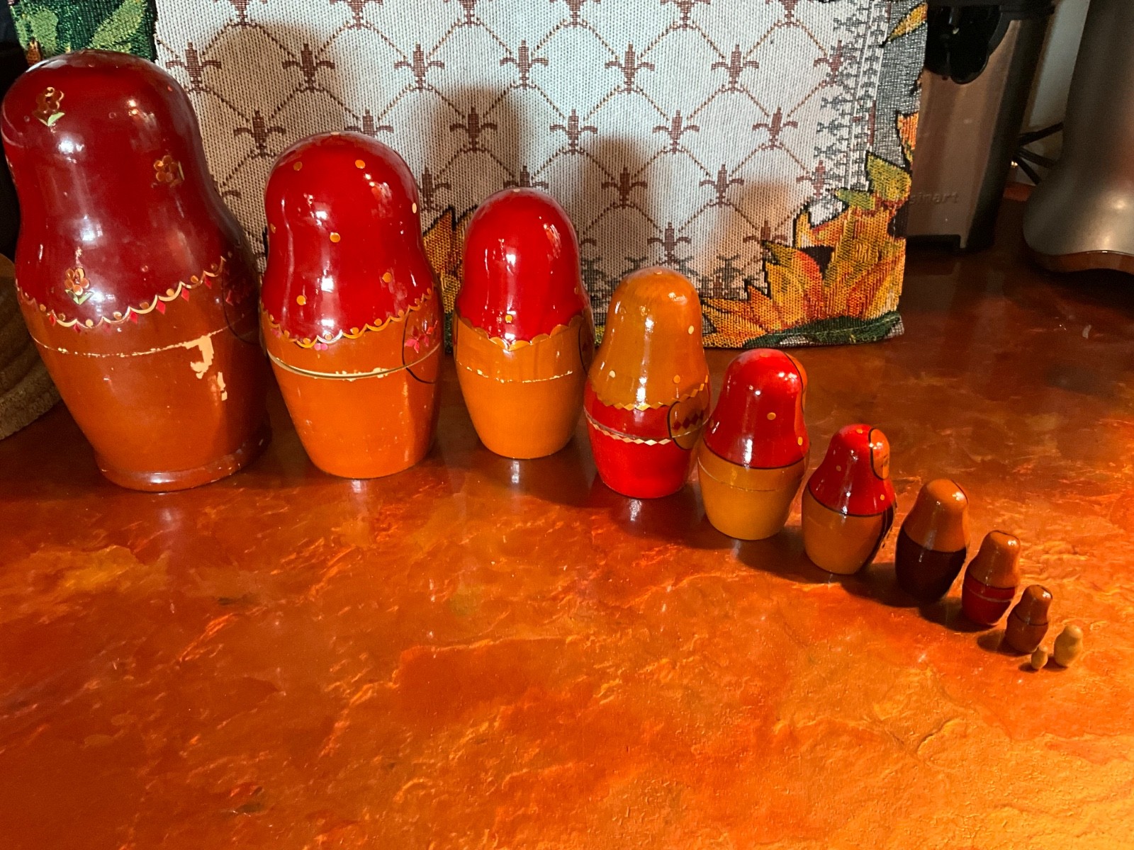 Vintage Russian Matryoshka Nesting Dolls 11 Pc Raised Floral Folk Art Wood Inlay