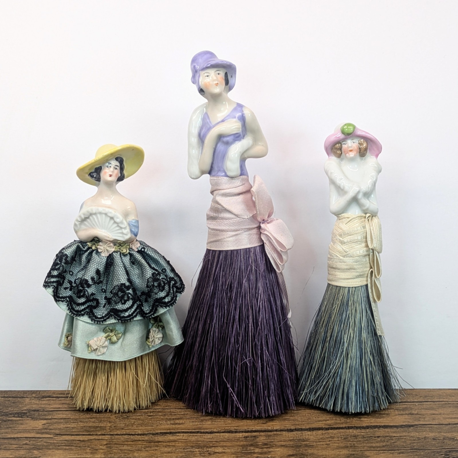 Antique - c. 1920s Lot of 3 Porcelain Half Doll Lady Art Deco Whisk Brushes