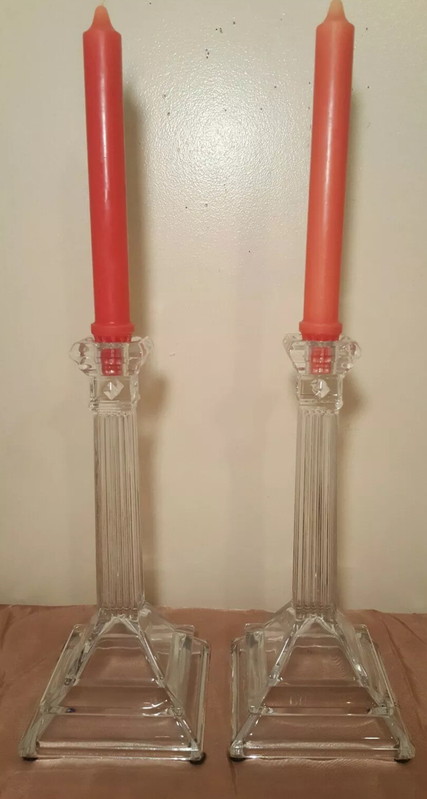 Pair Crystal Pillar CandleHolders Heavy Clear Candlestick Decorative 