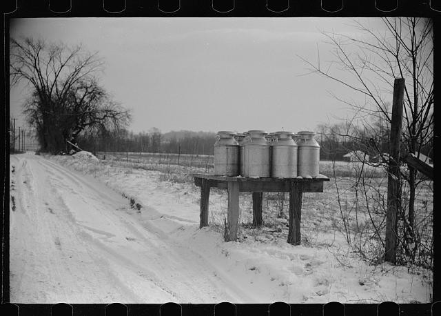 Photo:Snowy Rural Road Milk Cans 1930s Farm Landscape Photograph