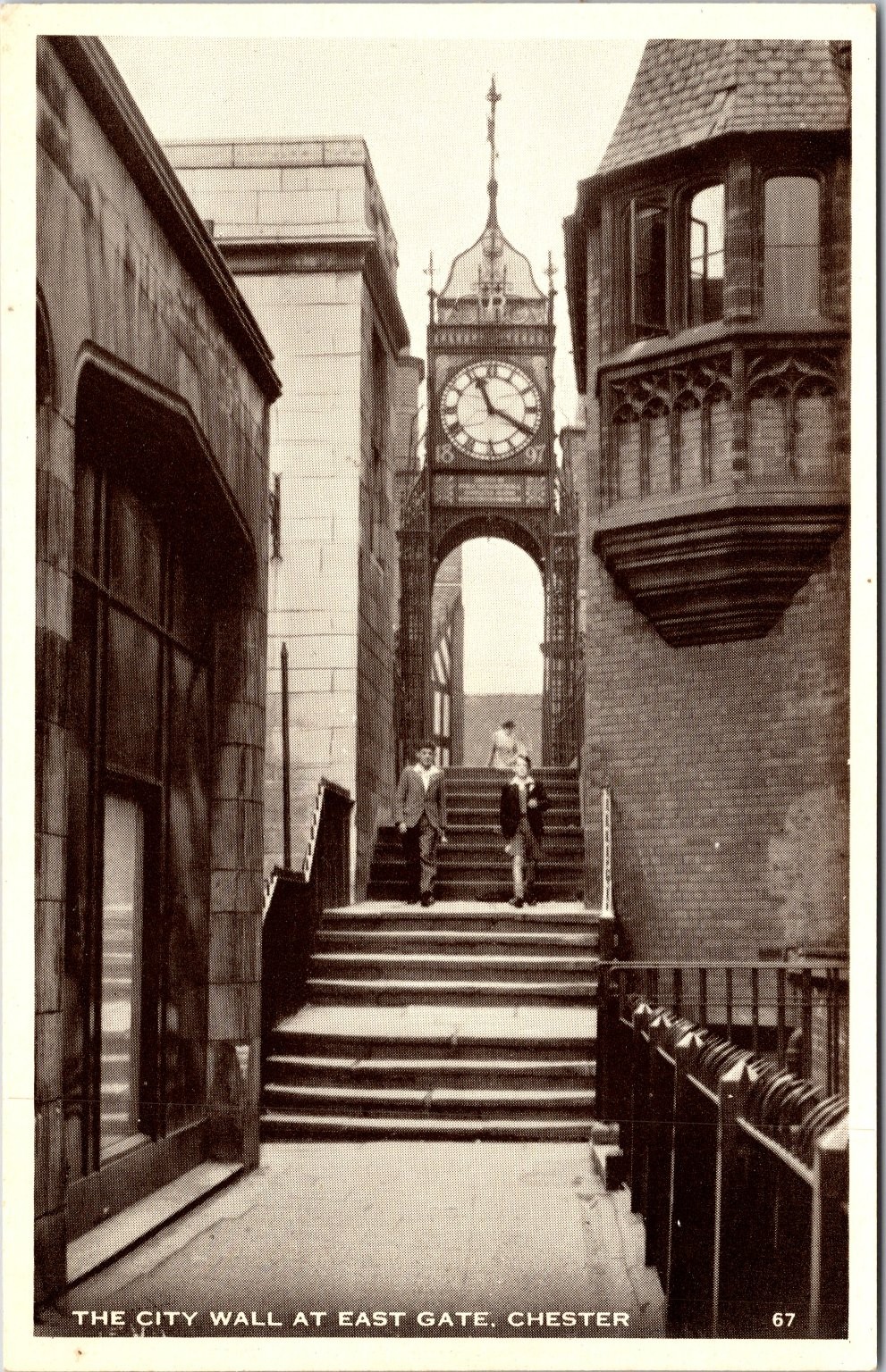 Chester East Gate City Wall Clock Tower Vintage Postcard England People Walking