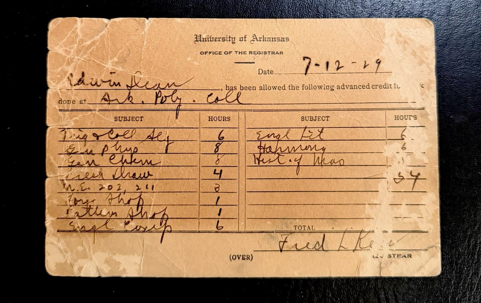 1929 University Of Arkansas Office Of The Registra Records Credits For Edwin 