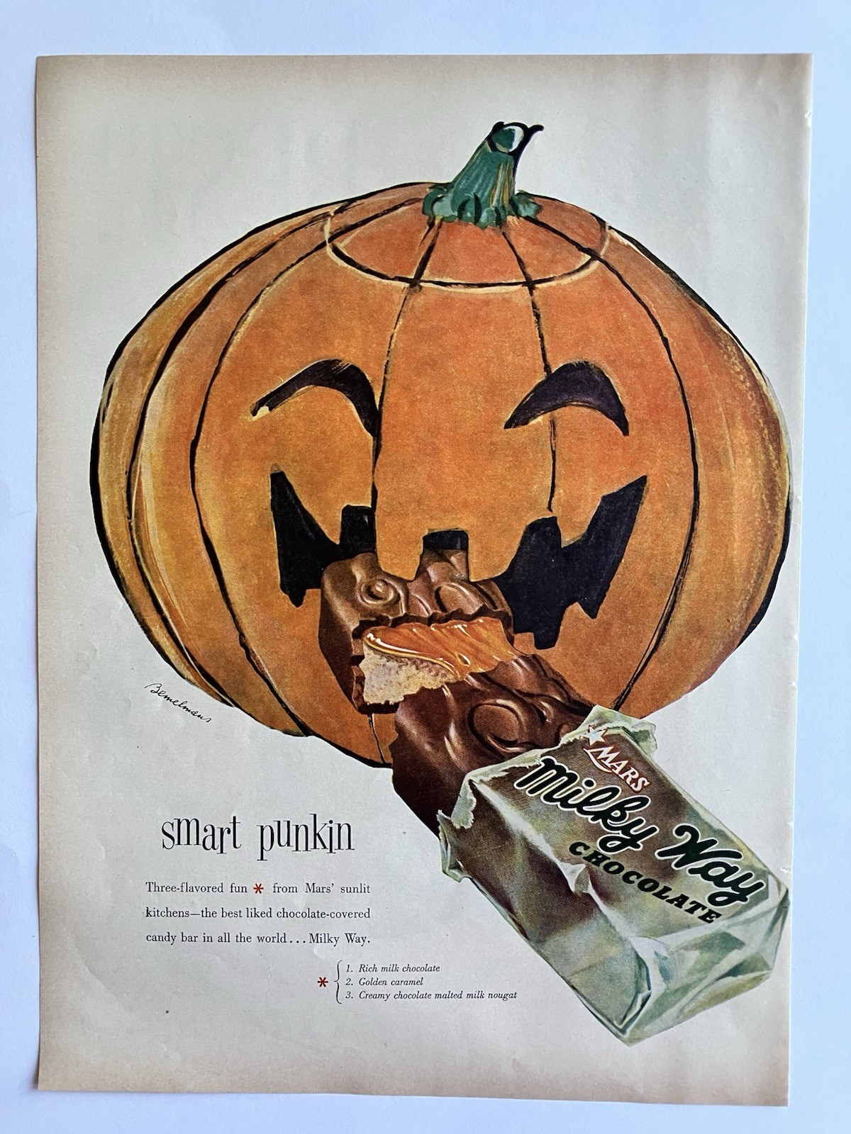 Vtg Halloween Advertising Print Ad 1953 Mars Milky Way Candy Jack O Lantern