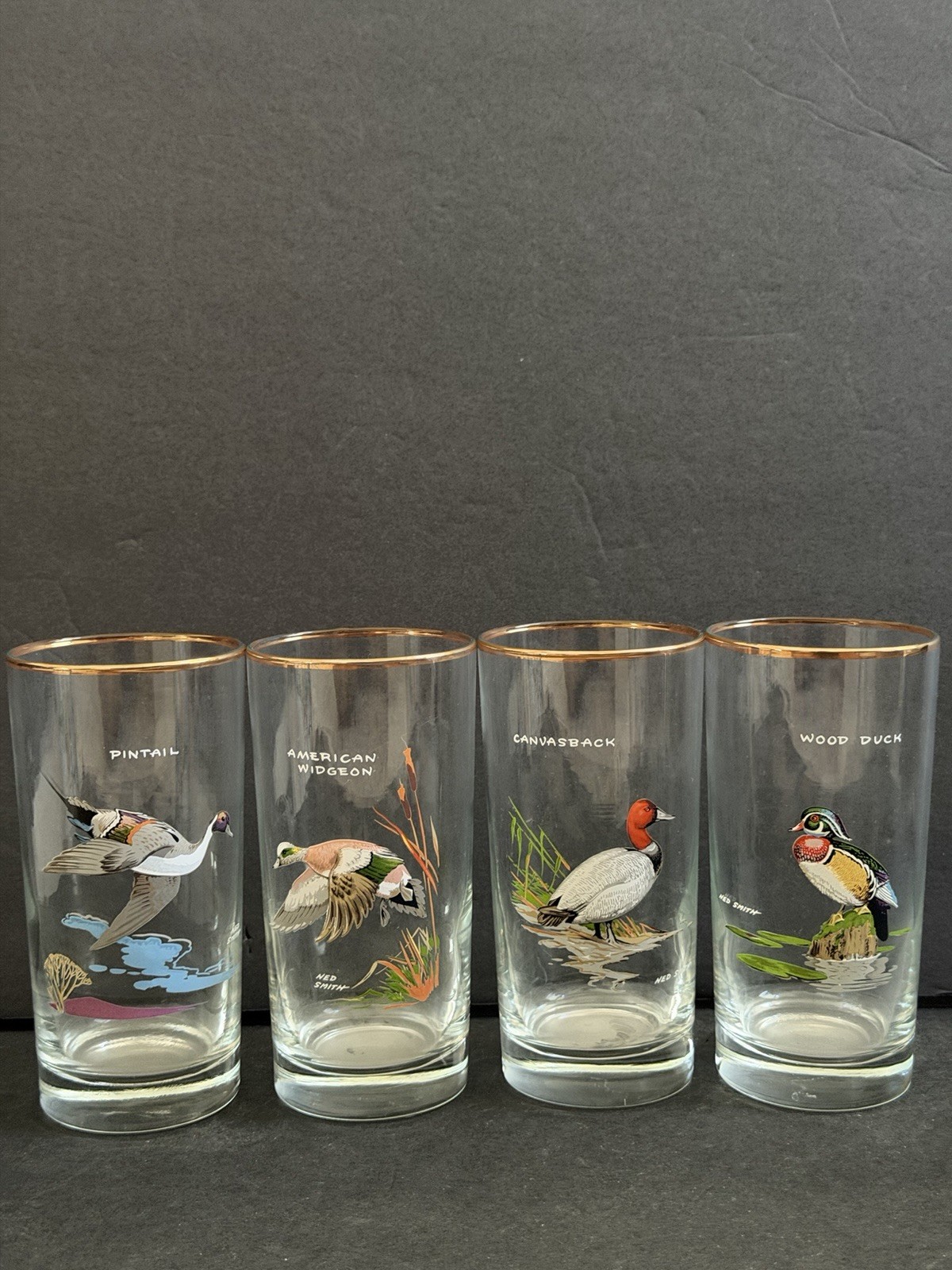 Ned Smith Lot of 4 Waterfowl Gamebirds 12 oz Glasses Optic with 22k Gold Rims