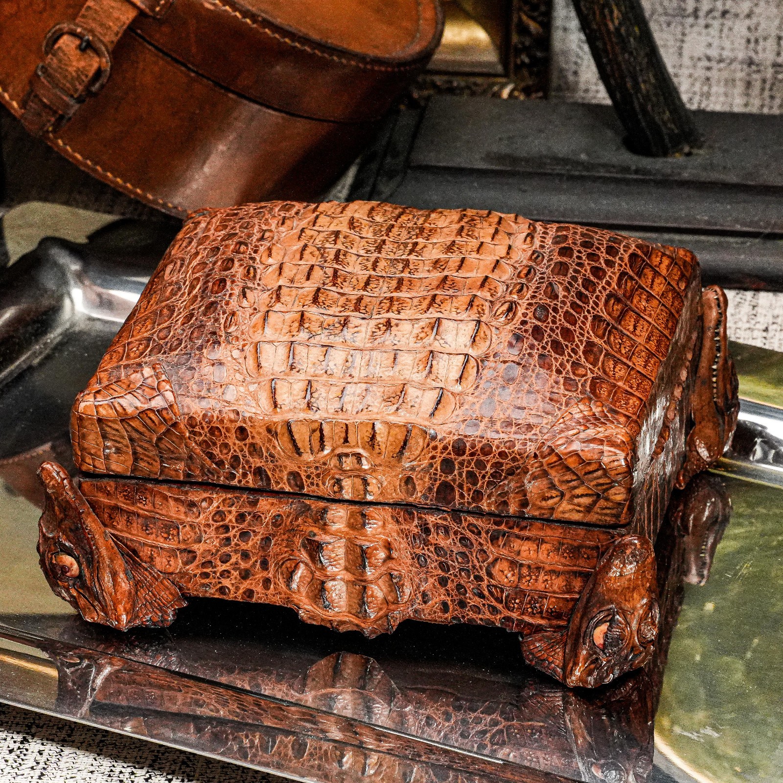 Exotic Unique Antique Alligator Leather Taxidermy Jewelry Keepsake Box