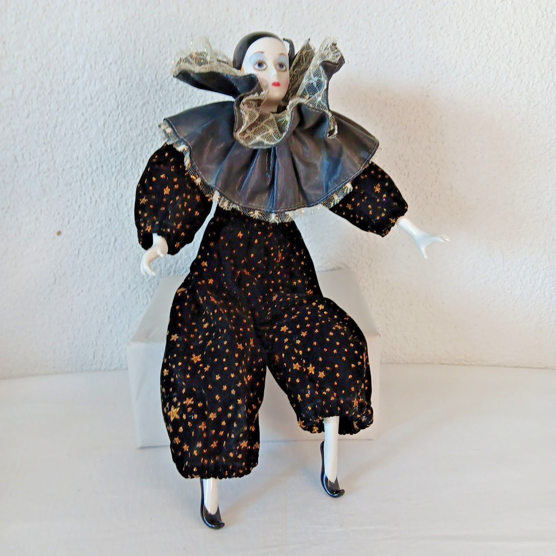 Vintage 80s Porcelain Pierrot Clown Doll Black Velvet Gold Stars Hand Painted