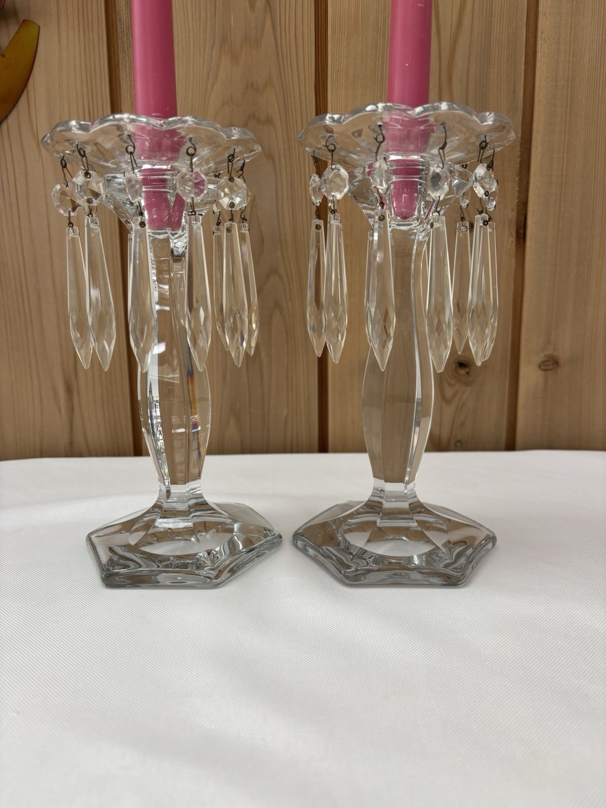 Heisey No. 5 Patrician Glass Candle Holders W/bobeche & Prisms Aka: Queen Anne