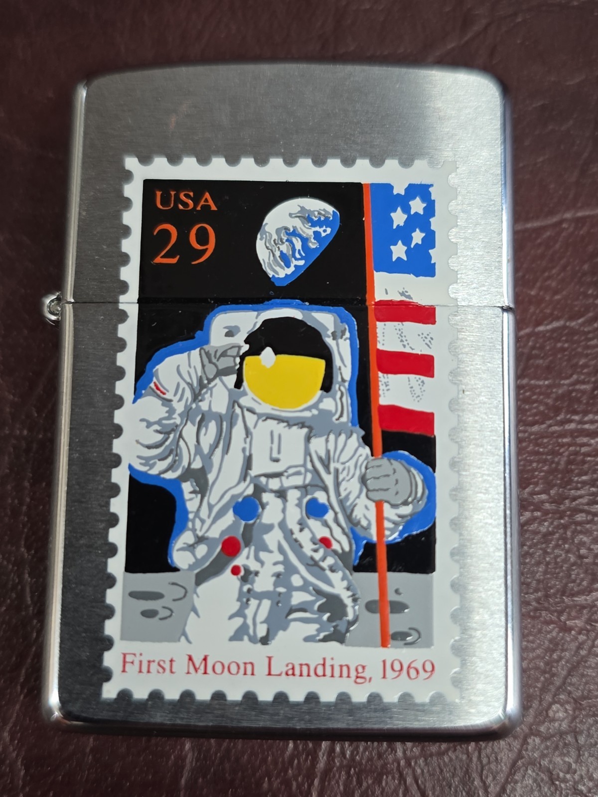 Vintage 90's Zippo Lighter Apollo 11 Moon Landing 1969 Postage Stamp