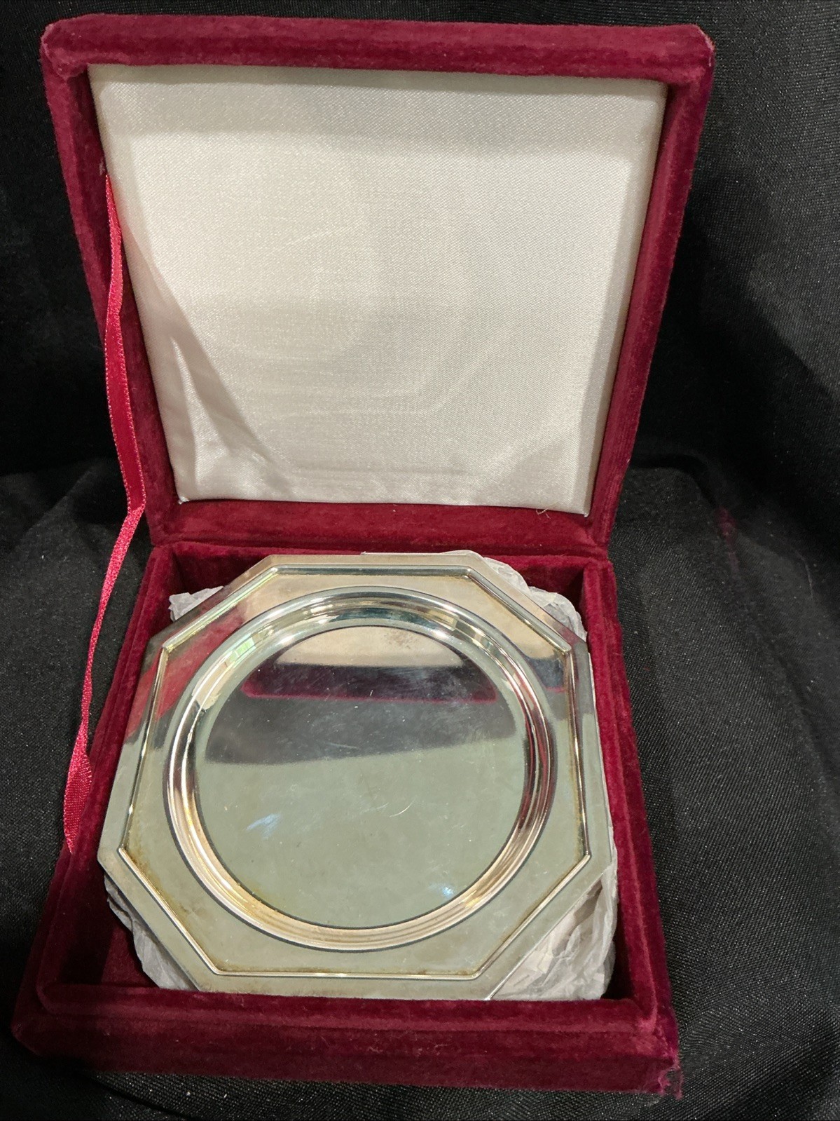 Silver Treasures Godinger Set 7 Coasters No Monogram Burgundy Velvet Box Set
