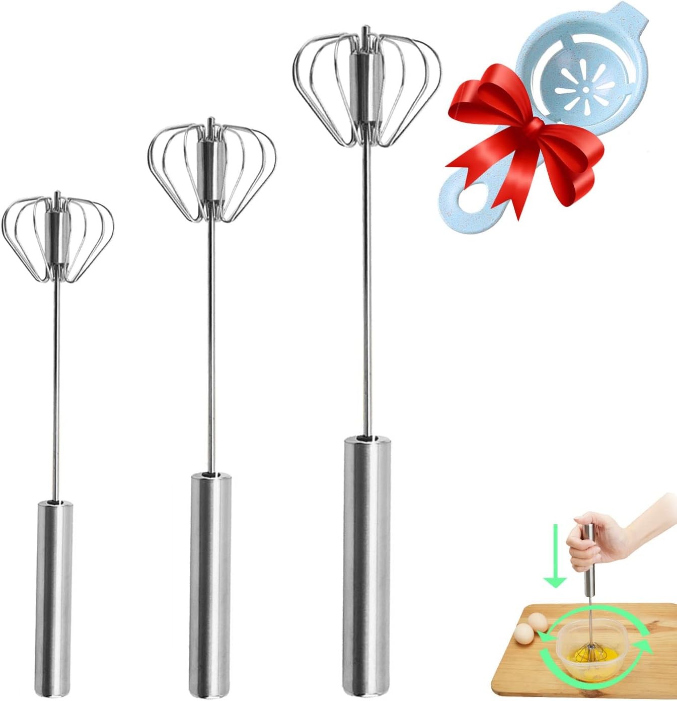 Silver Semi-Automatic Whisk - Stainless Steel Hand Push Rotary Egg Beater Silver Semi-Automatic Whisk - Stainless Steel Hand Push Rotary Egg Beater