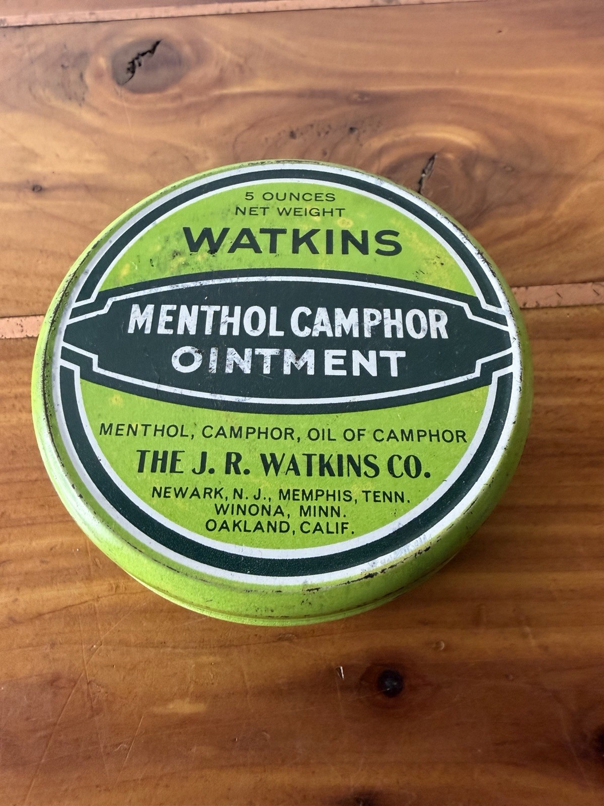 Watkins Menthol Camphor Ointment 5 oz Vintage Green Tin Medicine & First Aid