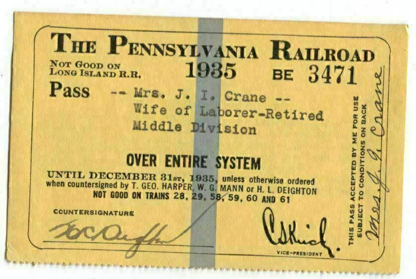 Railroad Pass Pennsylvania Railroad 1935 BE 3471 Mrs J.I. Crane Railroad Pass Pennsylvania Railroad 1935 BE 3471 Mrs J.I. Crane