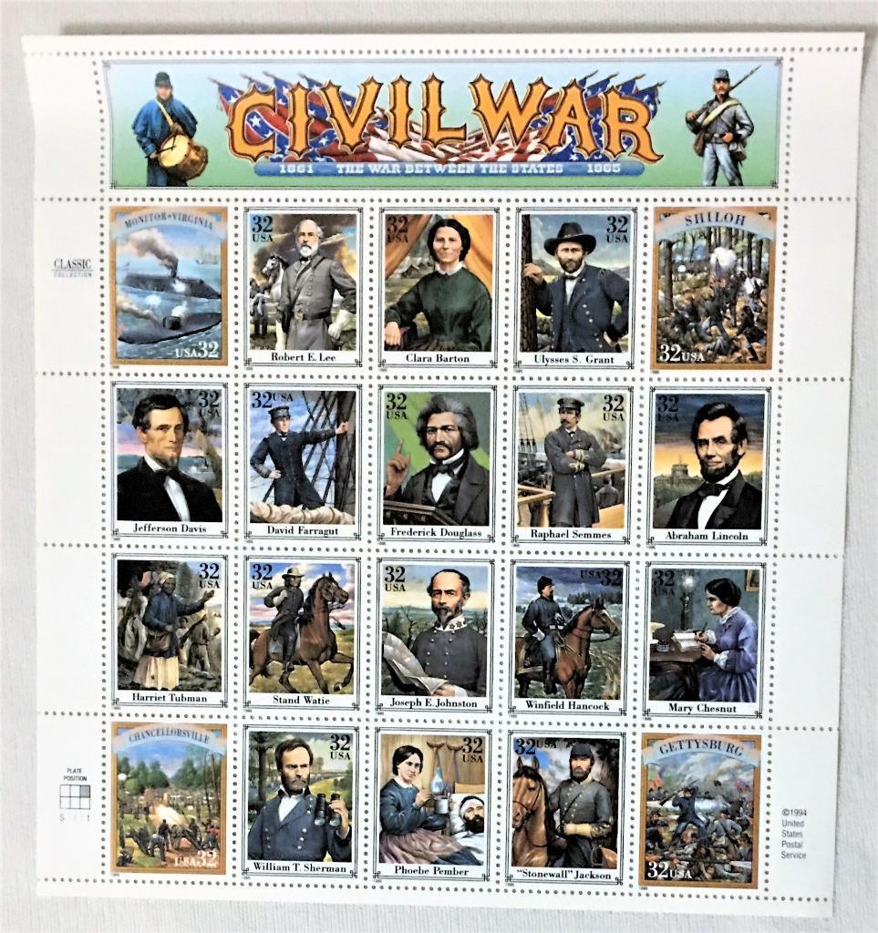 CIVIL WAR CLASSIC COLLECTION 1994 STAMPS 20 MINT STAMP SHEET 32 CENT STAMPS MNH
