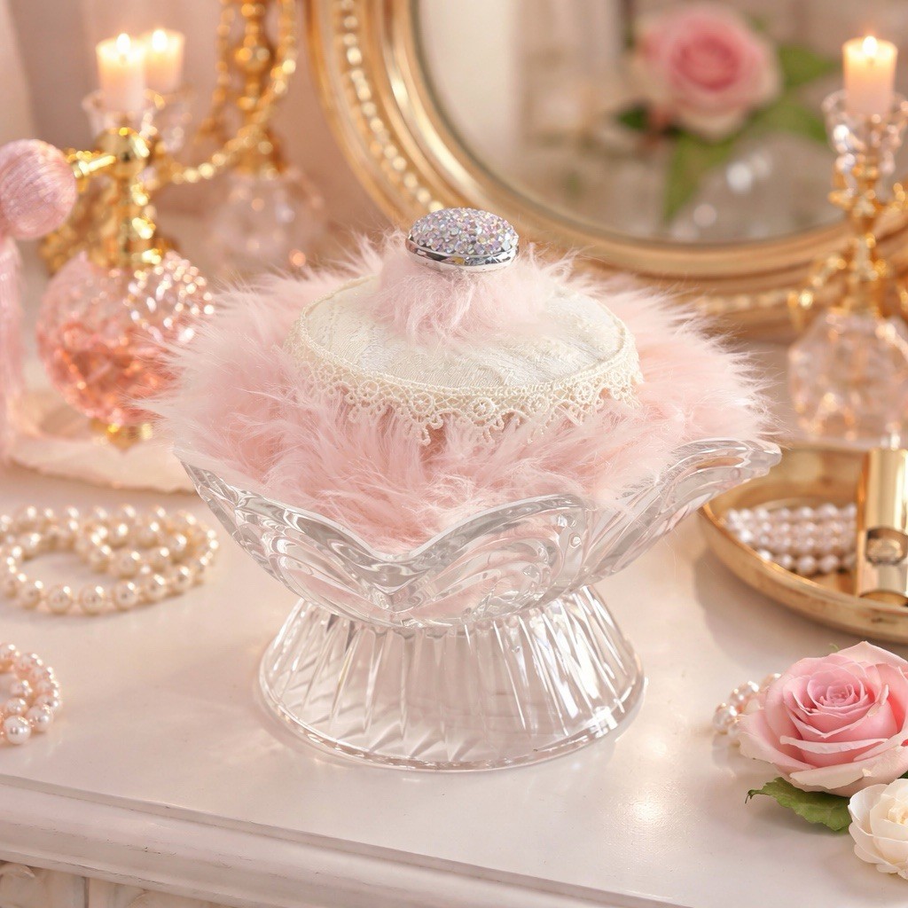 Soft Luxury Pink Retro Powder Puff In Crystal Dish Boudoir Vanity Gift Shabby
