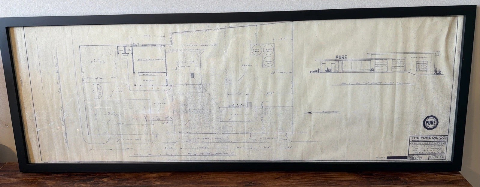 Orig Pure Oil Co. 1950s Fuel Plant Blueprint Layout Saluda, SC 36”x 12” Framed