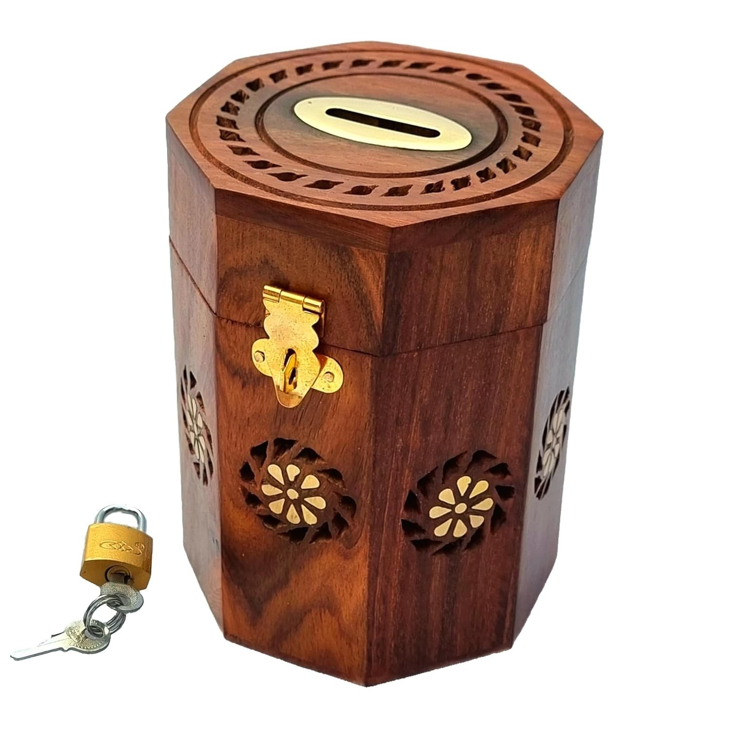 Handmade Wooden Money Piggy Bank with Key Lock ( Size: 6 X 4 inch )