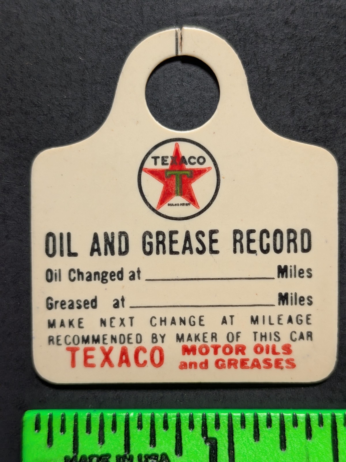 Vintage 1920s Texaco Oil and Grease Record Celluloid Tag