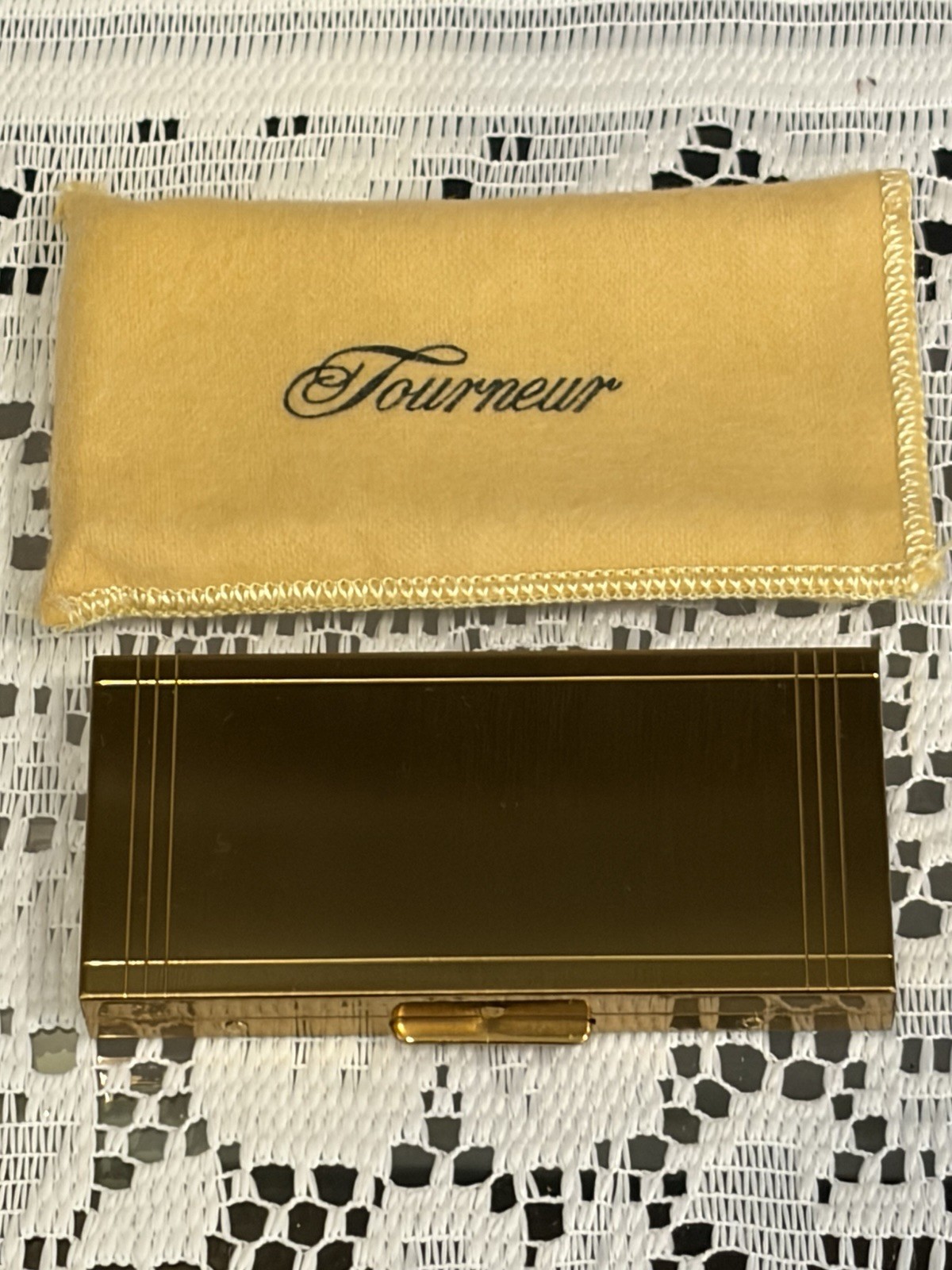 Vtg Rare Tourneur Lip Rouge Compact Set & Brush Wood Handle Cloth Sleeve 1950\'s