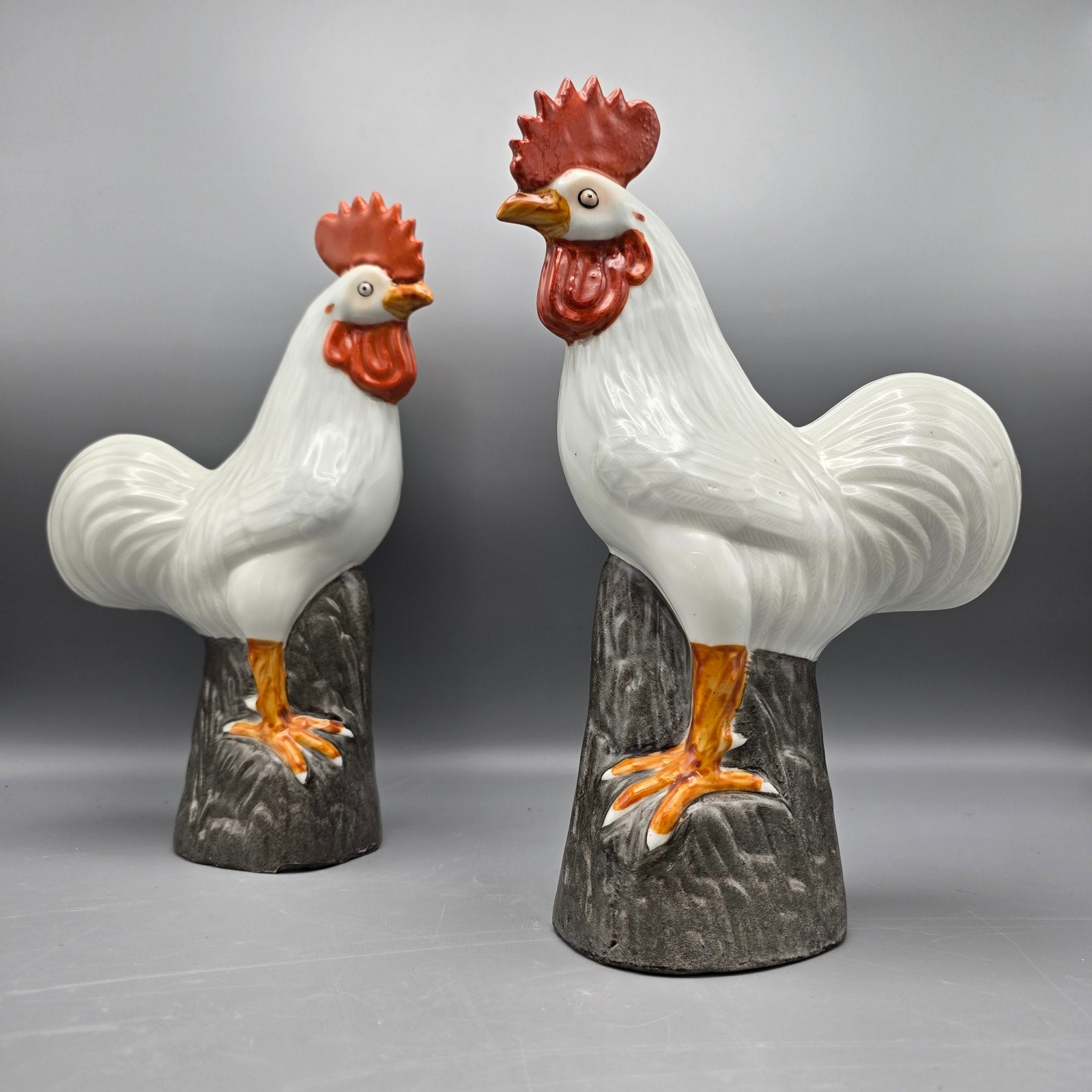 Pair of Vintage Chinese Export-Style White Porcelain Rooster Figurines