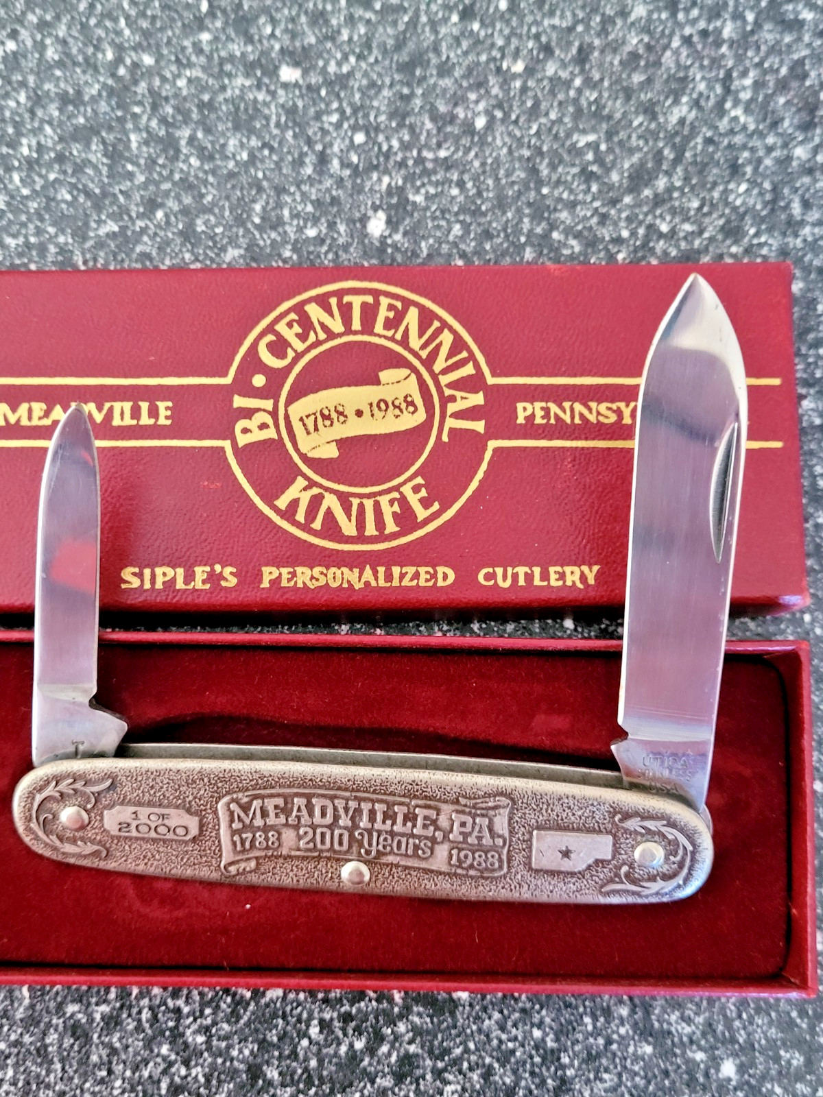 Utica USA Bicentennial knife 1988 brass advertising Siples Cutlery Utica USA Bicentennial knife 1988 brass advertising Siples Cutlery