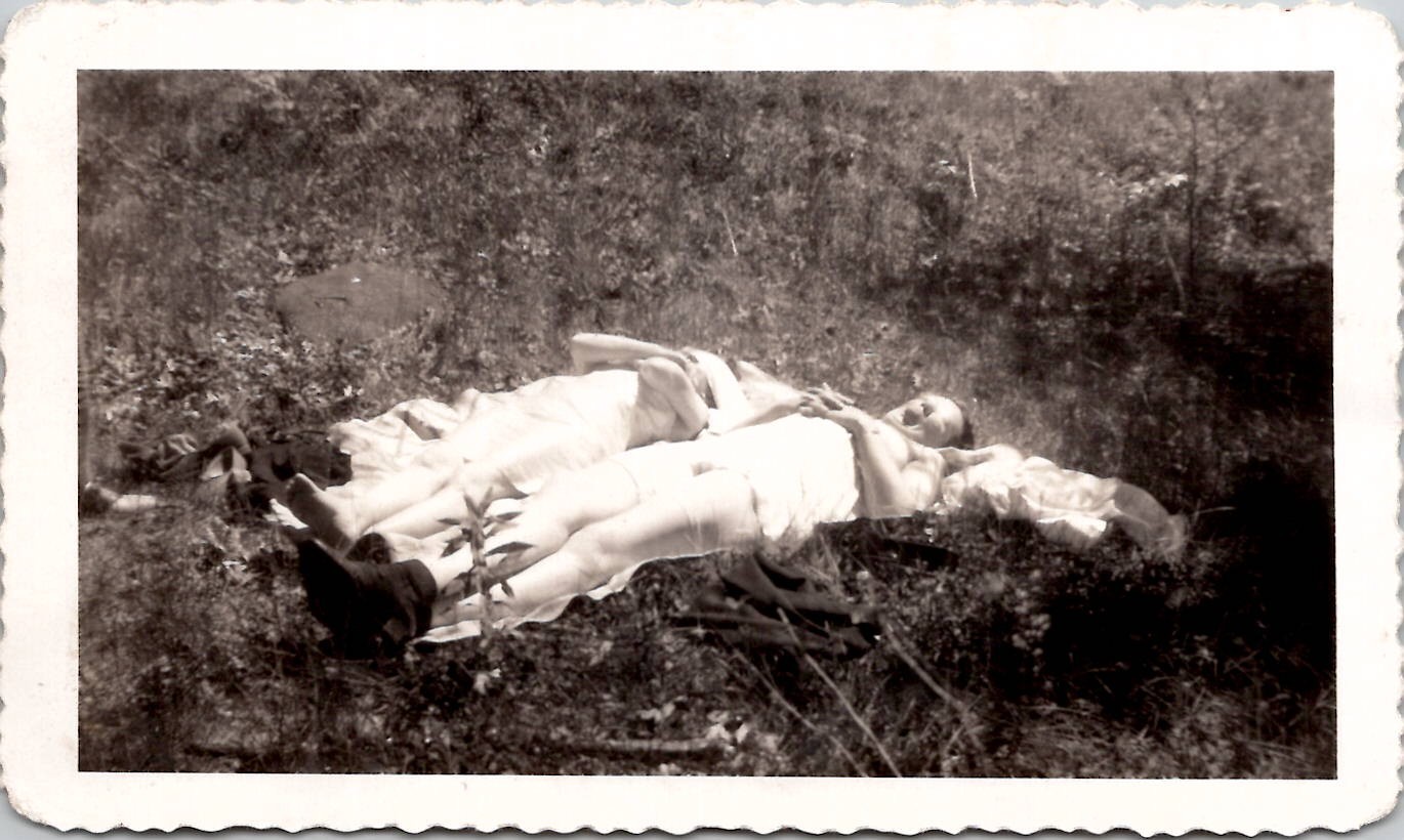 Voyeur Snapshot of Mystery Women Sunbathing Leggy Feet 1946 Vintage Photo