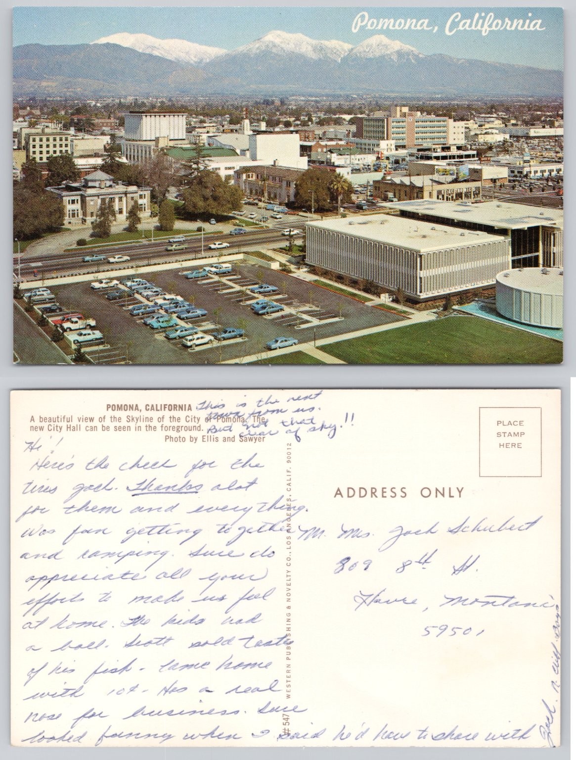 Pomona California Skyline New City Hall Snowy Mountains Vintage Postcard 1960s