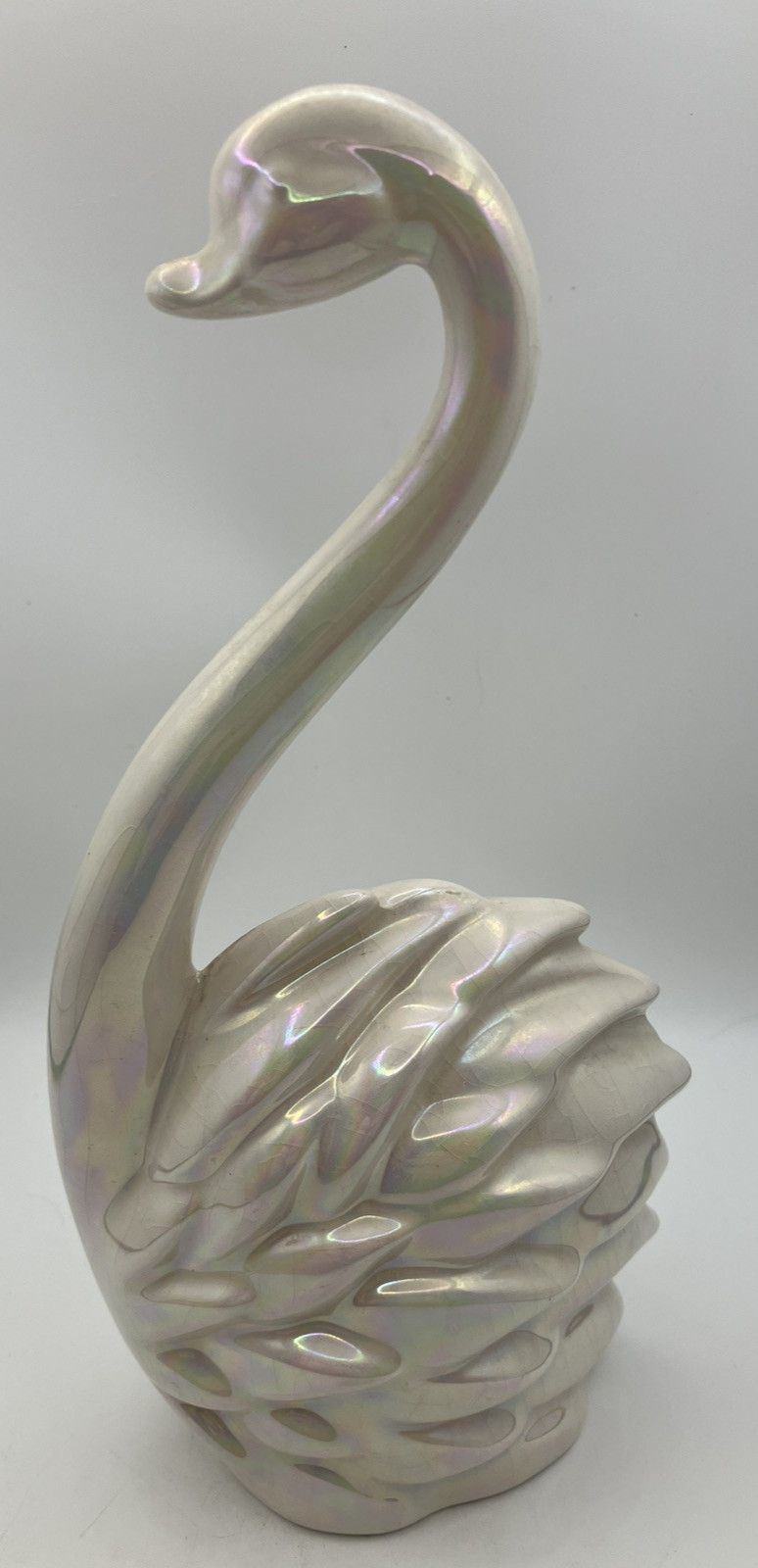 Swan Figurine White Iridescent Ceramic Long Neck Vintage MCM Crazing SEE PICS