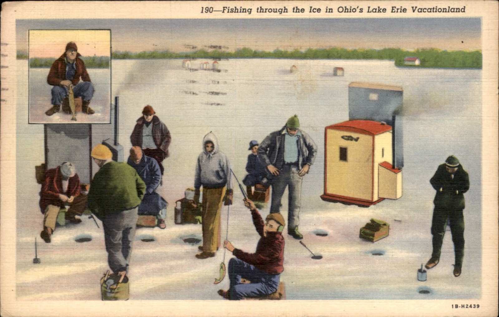 Sandusky Bay OH Ice Fishing E. B. Ackley c1940s Vintage Postcard bhn