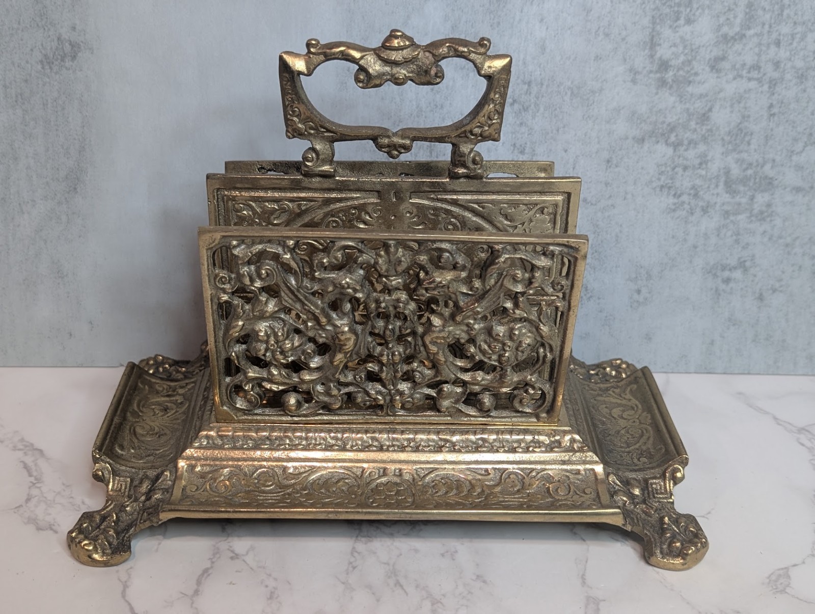 Antique Victorian Ornate Brass Letter Holder Desk Mail Rack 9.5