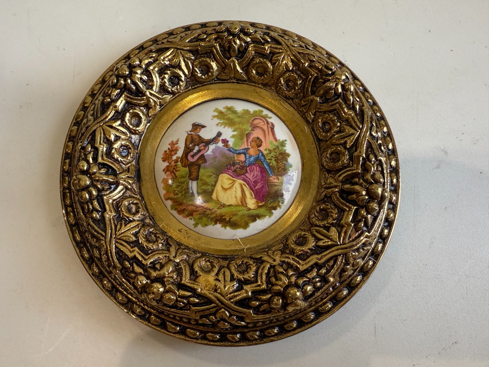 Vintage Spain Limoges Fragonard Porcelain Plaque with Ornate Gold Brass Frame
