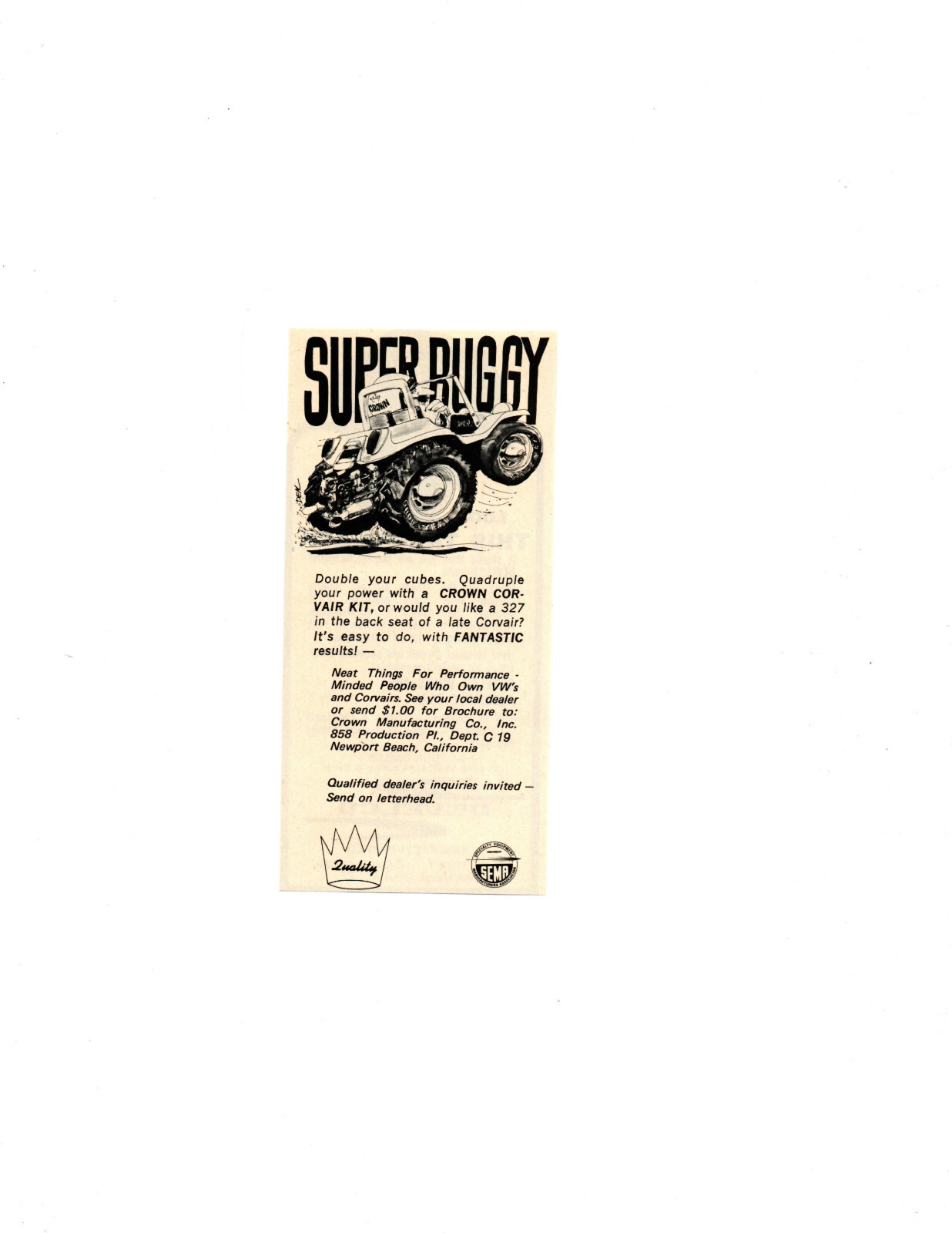 1969 CROWN CORVAIR SUPER BUGGY / DUNE BUGGY ~ ORIGINAL SMALLER PRINT AD