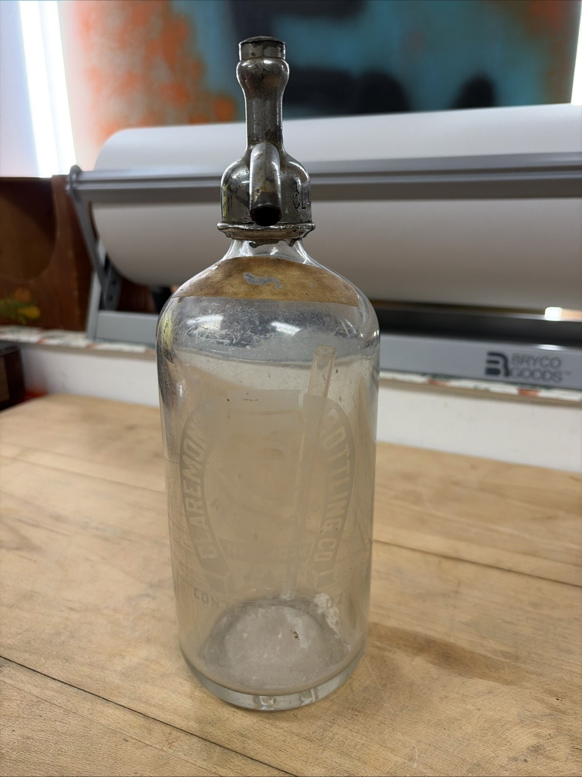 Claremont Bottling Co Glass Seltzer Siphon Bottle Metal Top Soda Vintage