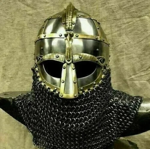 16GA Medieval Designer Helmet Vendel Knight With Chain Mail Halloween Roleplay