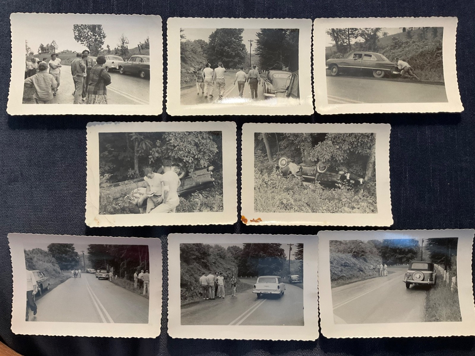 VTG c1940s Overturned Car Crash Photo Lot (8) Officers, Bystanders Wrecked Auto