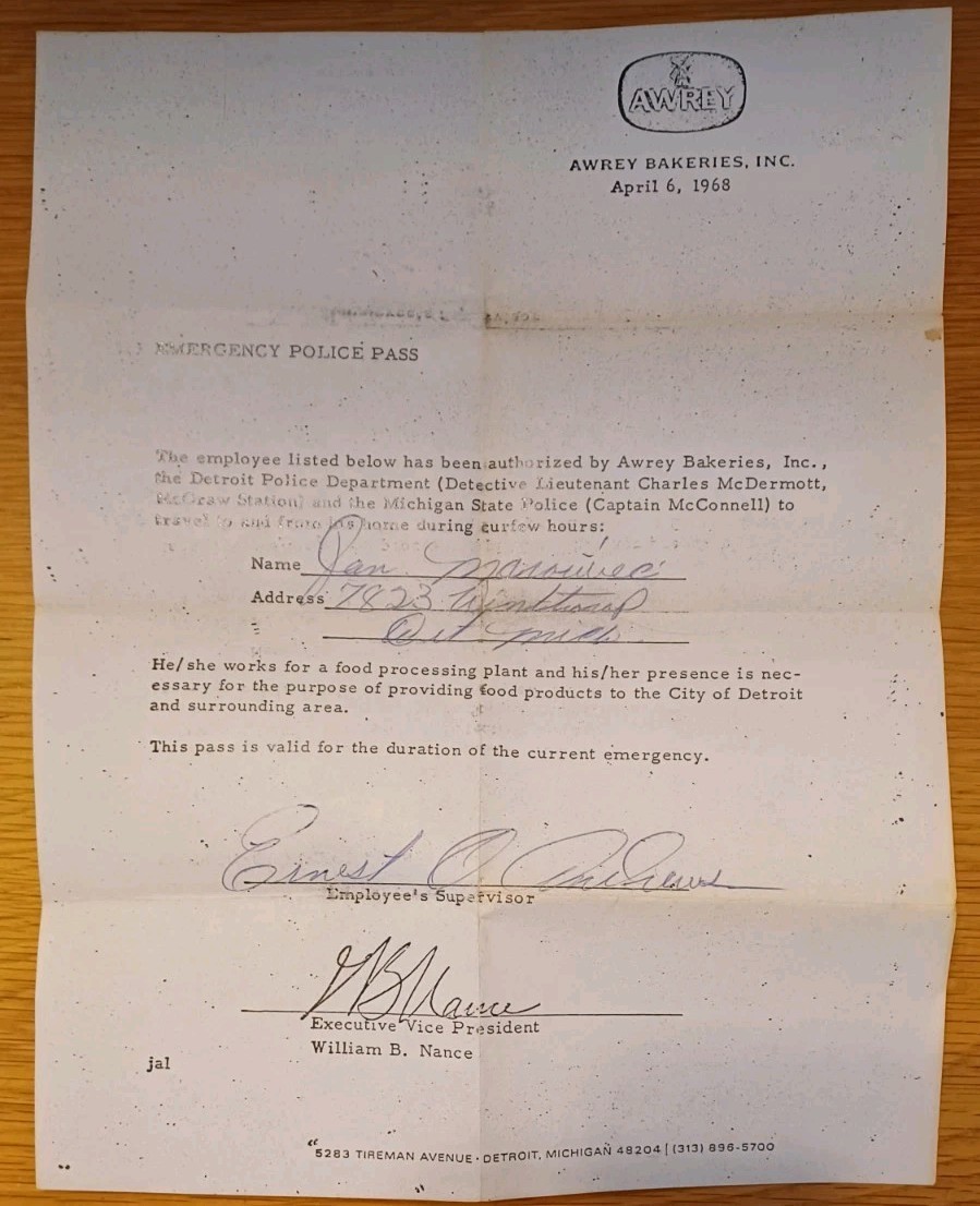 Vintage Detroit Riots Document Letter - Police Pass for travel during curfew