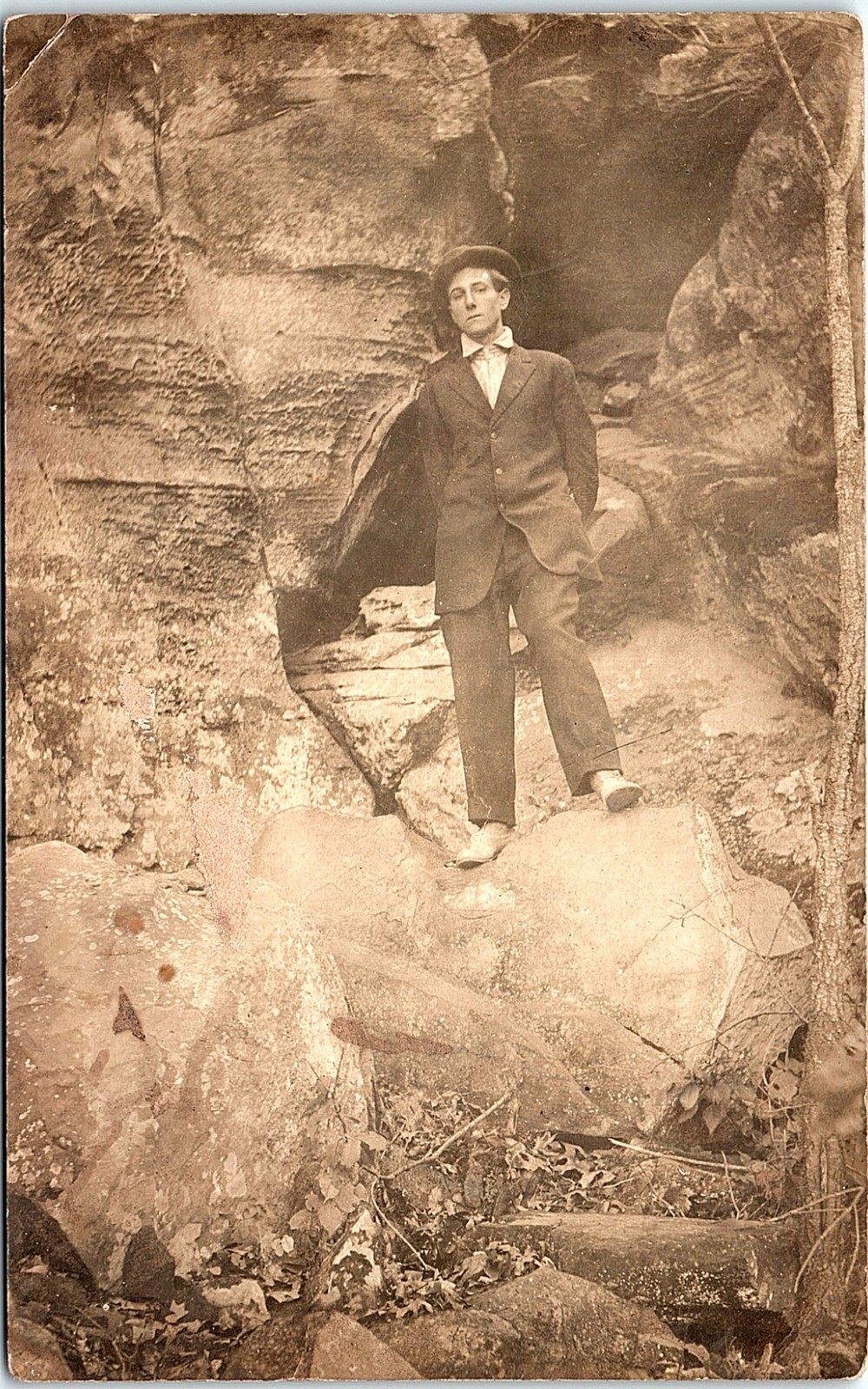 Vintage Postcard Young Man Rock Formation Outdoor Real Photo Antique