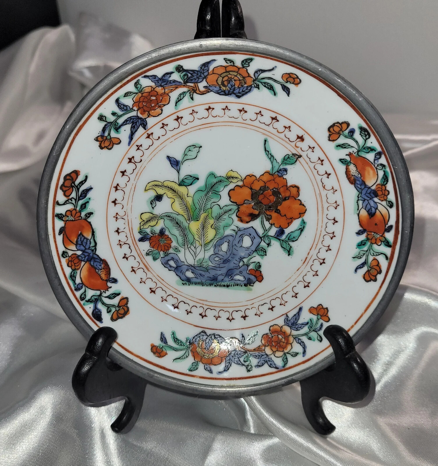 Vtg Asian Porcelain Ware Pewter Encased Bowl Floral Hong Kong