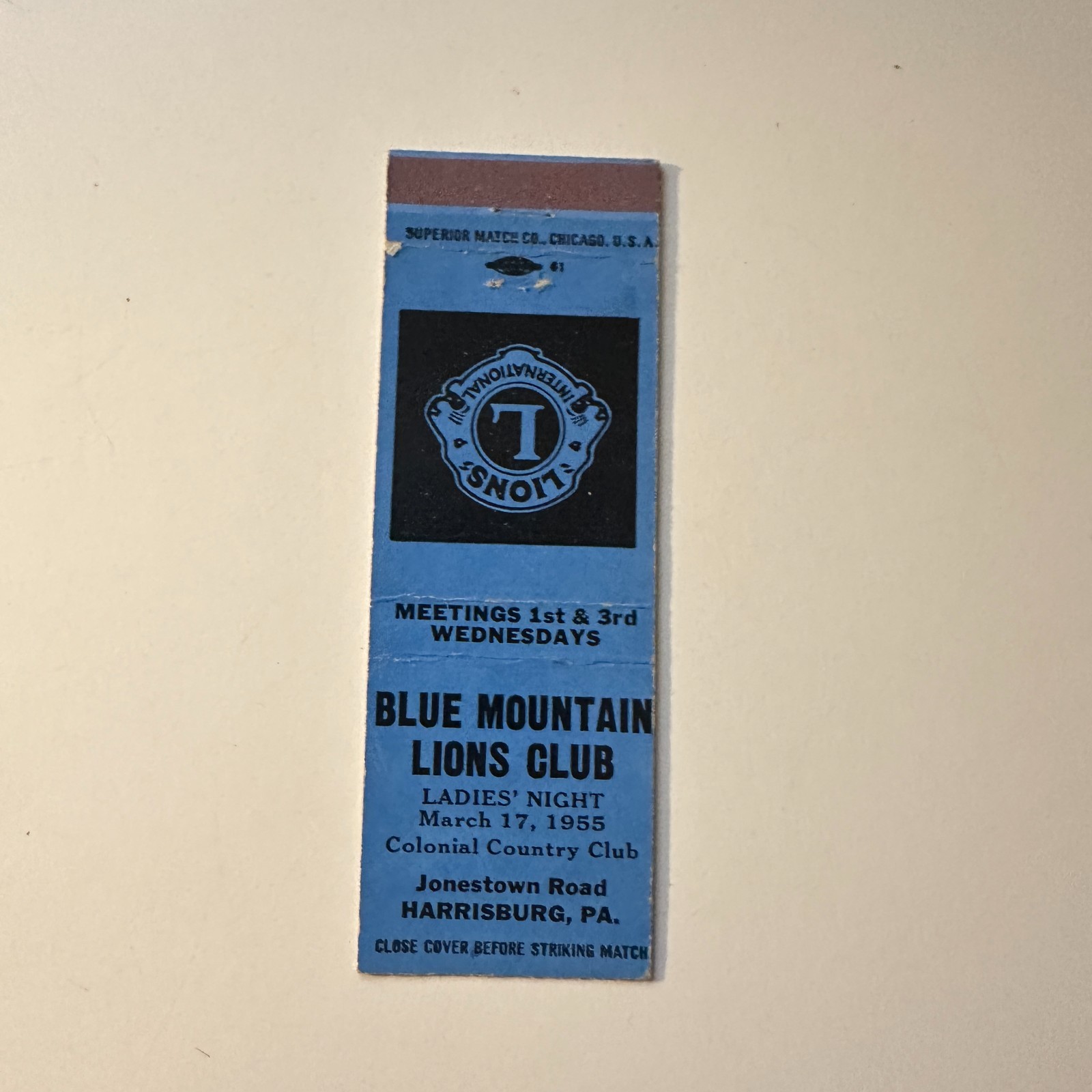 Blue Mountain Lions Club Harrisburg PA Vintage Matchbook Cover 5MB126-1-1