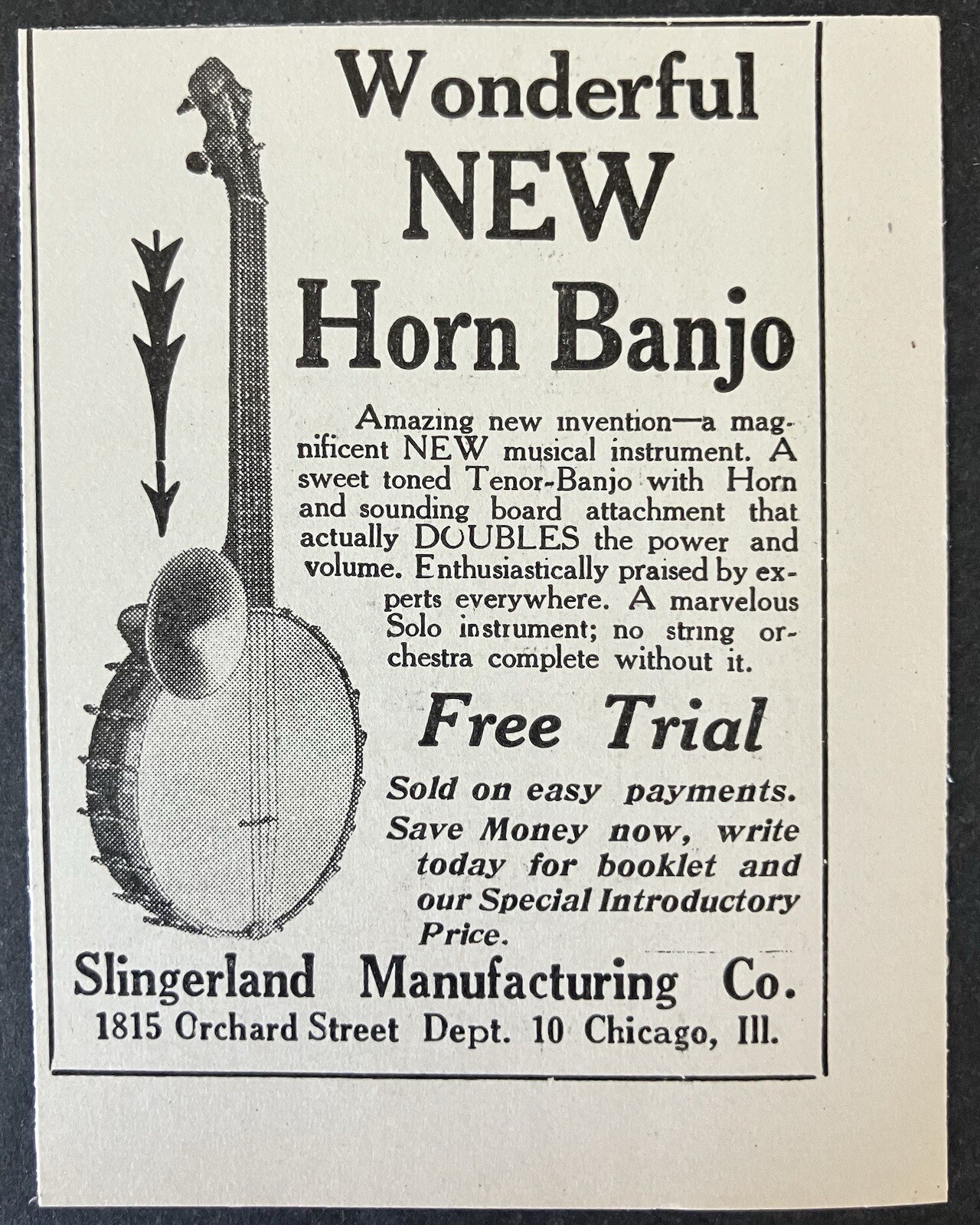 1922 Wonderful New Horn Banjo Slingerland Manufacturing Mini Vintage Print Ad