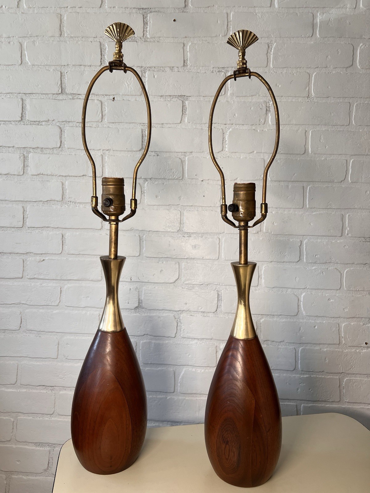PAIR Walnut And Brass MCM Table Lamps Attr. Tony Paul for Westwood New Cords 26”