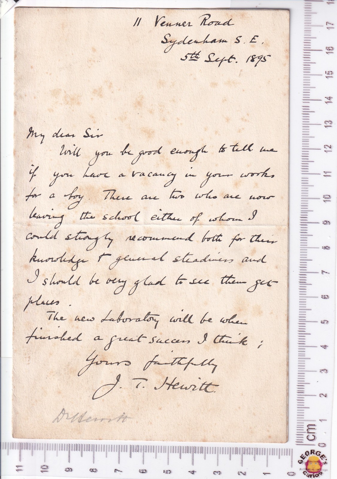 1895 ALS Chemist John Theodore Hewitt FRS Sydenham Autograph Letter Employment
