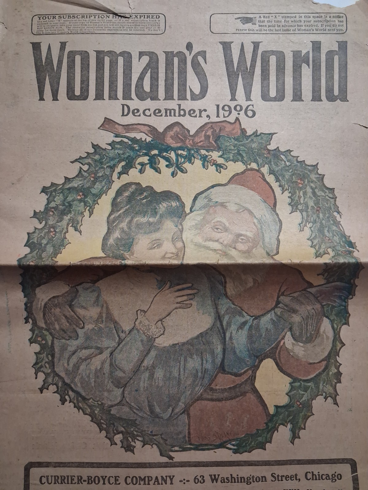 1906 WOMAN\'S WORLD December SANTA Victorian WREATH Christmas 12\