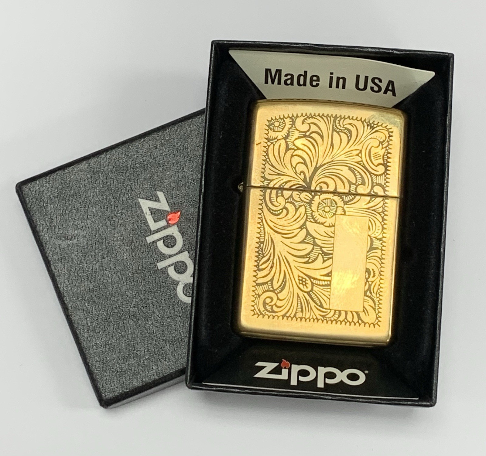 Vintage Zippo Reg Brass Venetian Lighter 352BIn Original Box With Paperwork