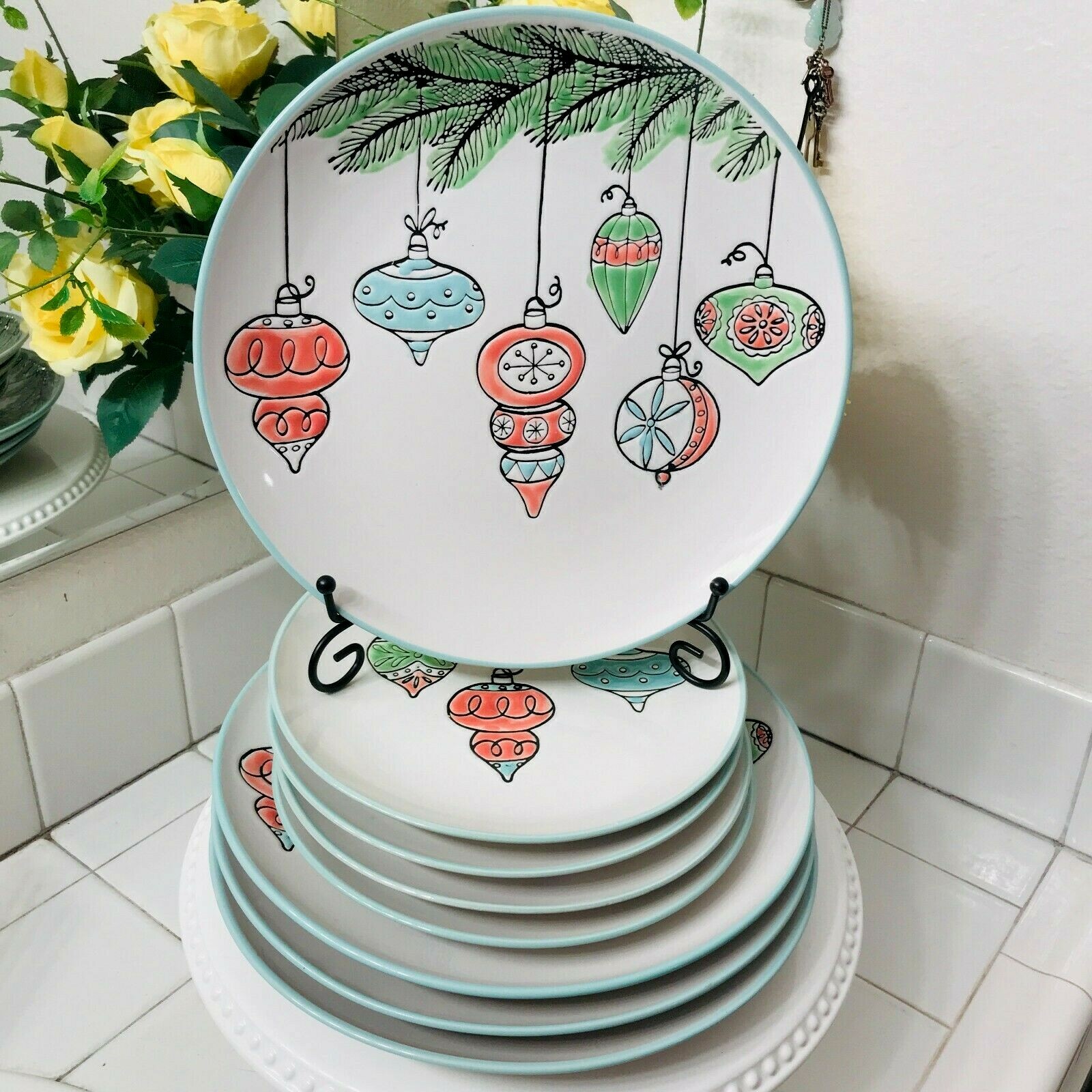 INHOMESTYLEZ Spectrum Christmas Ornament 8 Plate Set Dinner Side Salad Appetizer