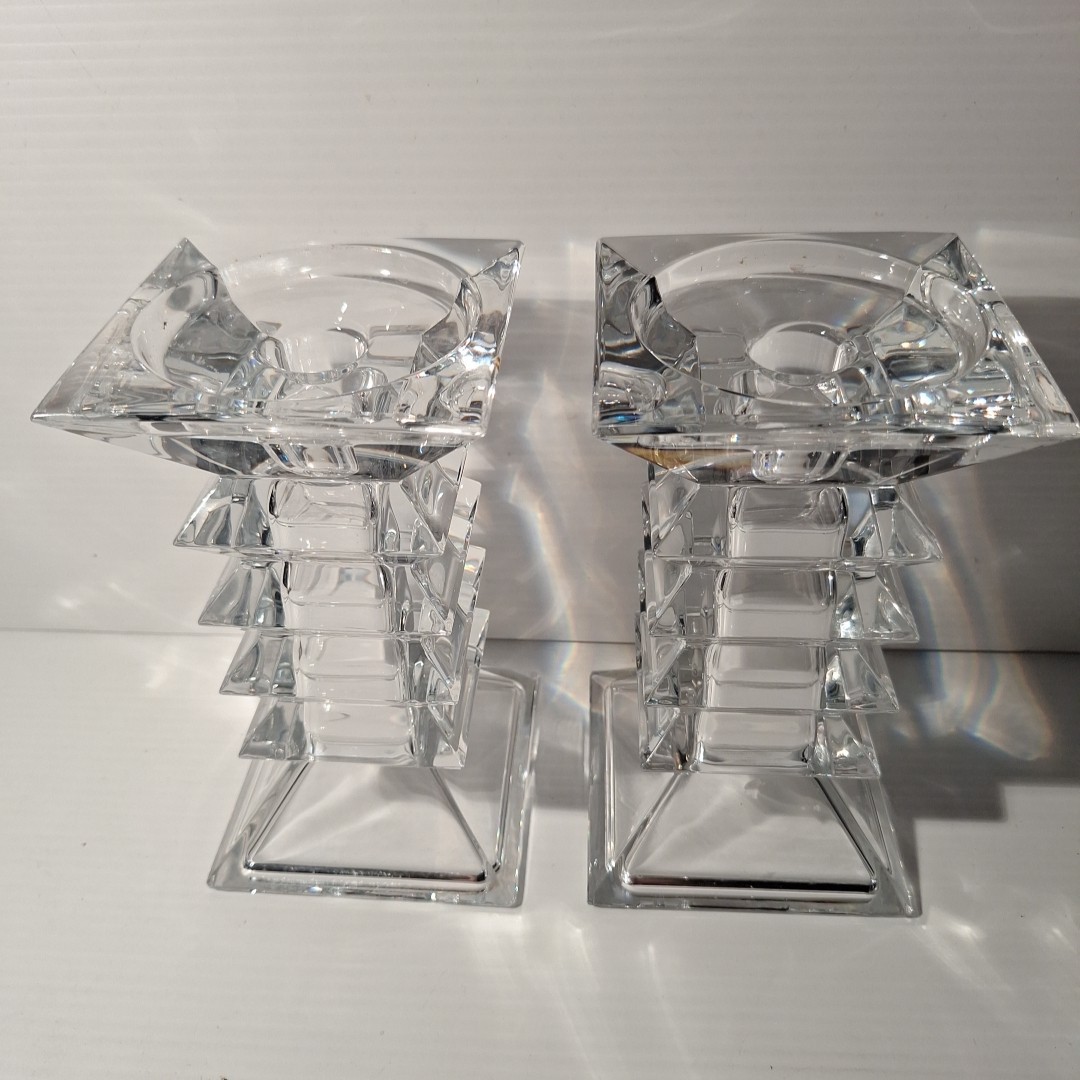 Vtg PAIR SHANNON CRYSTAL, Ireland SQUARE 6-tier Clear Glass Taper CANDLEHOLDER. 