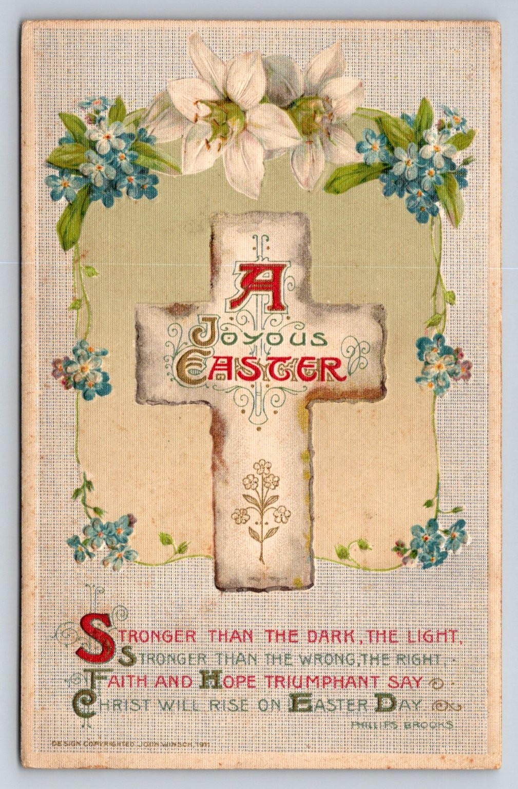 John Winsch 1911 Easter Postcard, Embossed Lilies & Forget-Me-Nots, 1912 Post